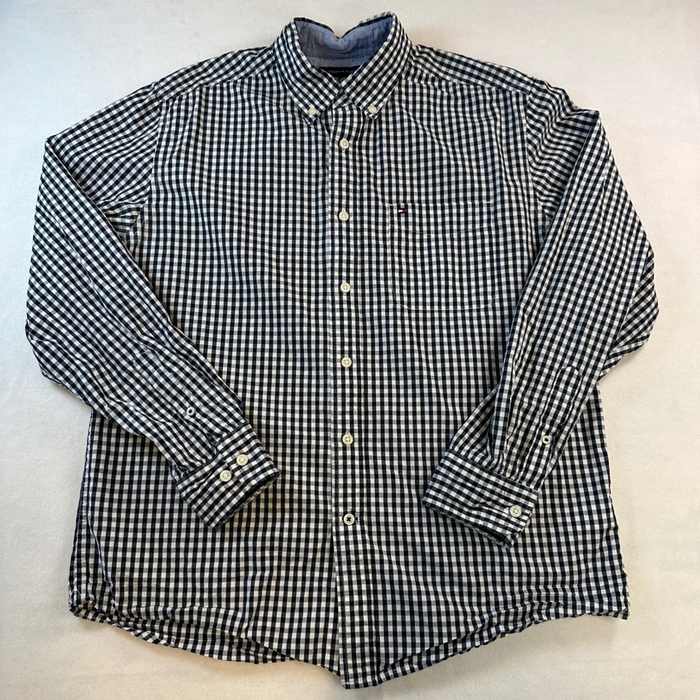 Tommy Hilfiger Mens Classic Fit Gingham Button Down Shirt Navy White 78J5319 M